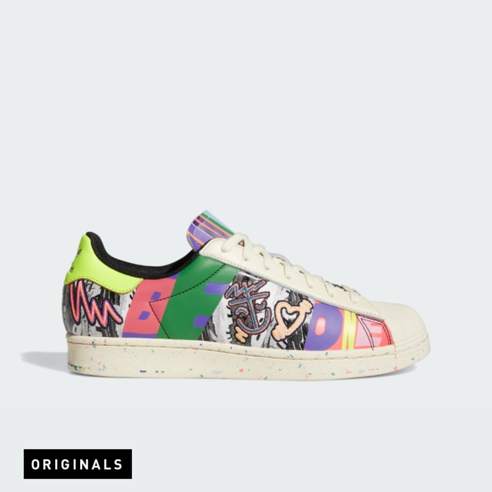 adidas Originals Cream Shell-Toe Multi-Graphic Sneaker with Neon Green Heel